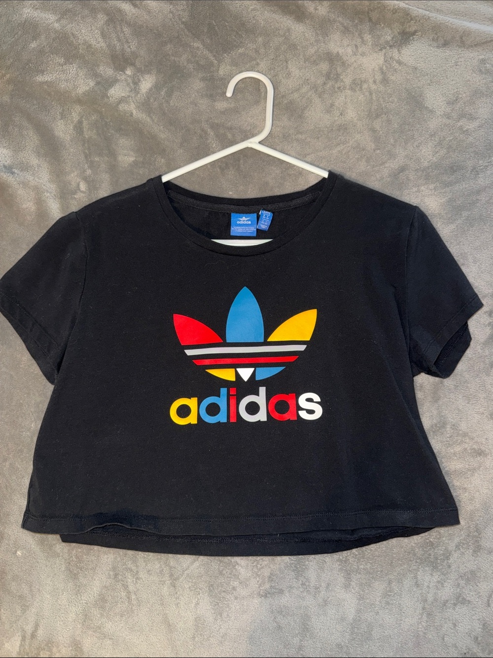 adidas Black Cropped Tee with Multicolor Trefoil